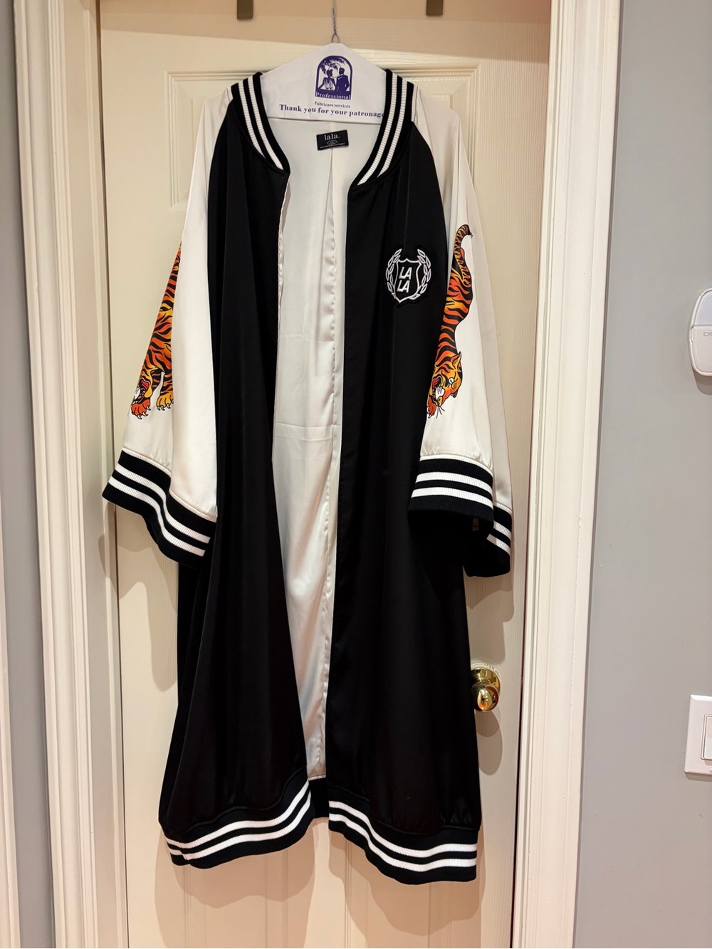 Dressed in LALA Black and White Satin Tiger Embroidered Bomber Duster L/XL